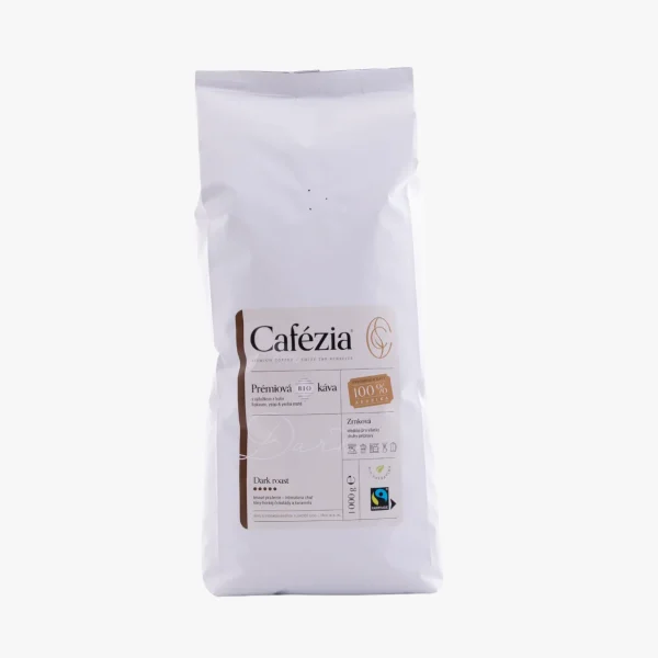 Cafézia Dark Roast 1 kg – BIO zrnková káva, 100 % Arabika z Peru, tmavé praženie, alternatívna káva pre citlivých na kofeín