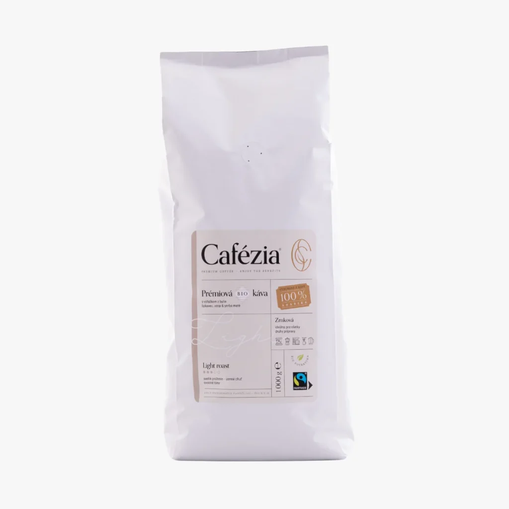 Cafézia Light Roast 1 kg – BIO zrnková káva, 100 % Arabika z Peru, svetlé praženie, alternatívna káva pre citlivých na kofeín