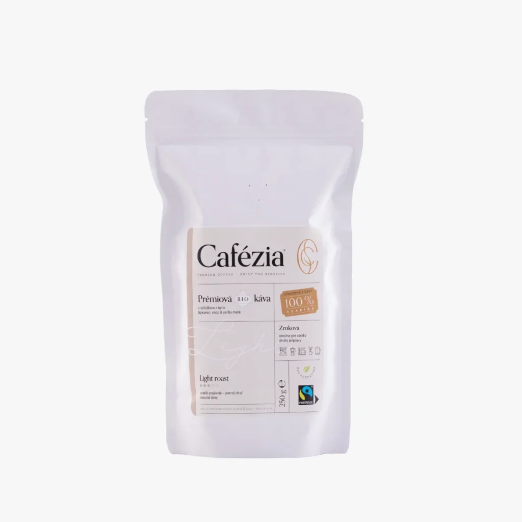 Cafézia Light Roast 250 g – BIO zrnková káva, 100 % Arabika z Peru, svetlé praženie, alternatívna káva pre citlivých na kofeín