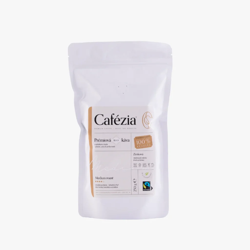 Cafézia Medium Roast 250 g – BIO zrnková káva, 100 % Arabika z Peru, stredné praženie, alternatívna káva pre citlivých na kofeín